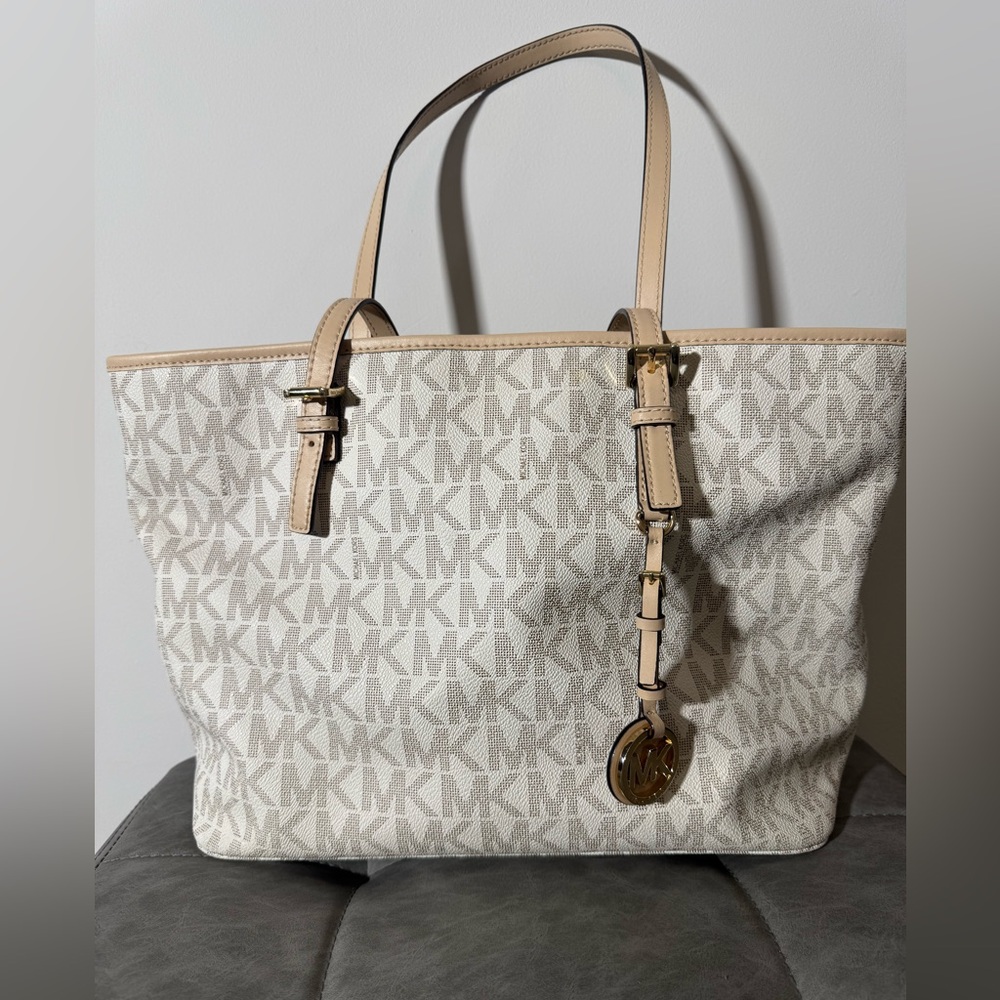 Michael Kors Cream and Tan Monogram Tote